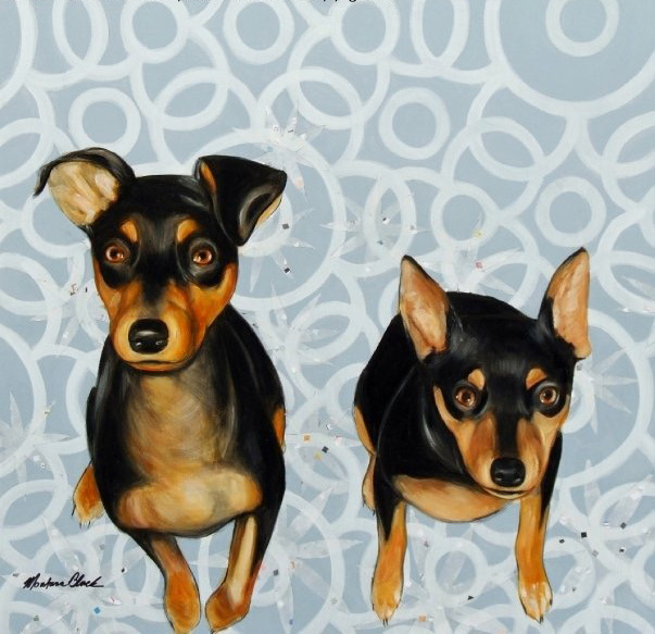 Painting of two miniature pinschers staring out the viewer.