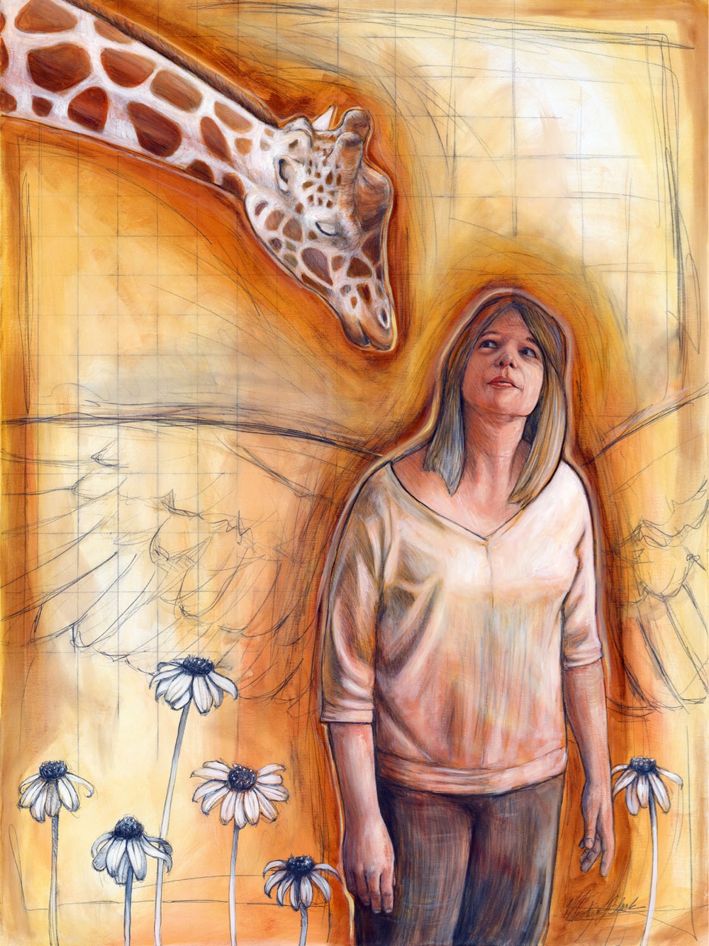 Painting of a female angel looking with curiosity at a at a giraffe