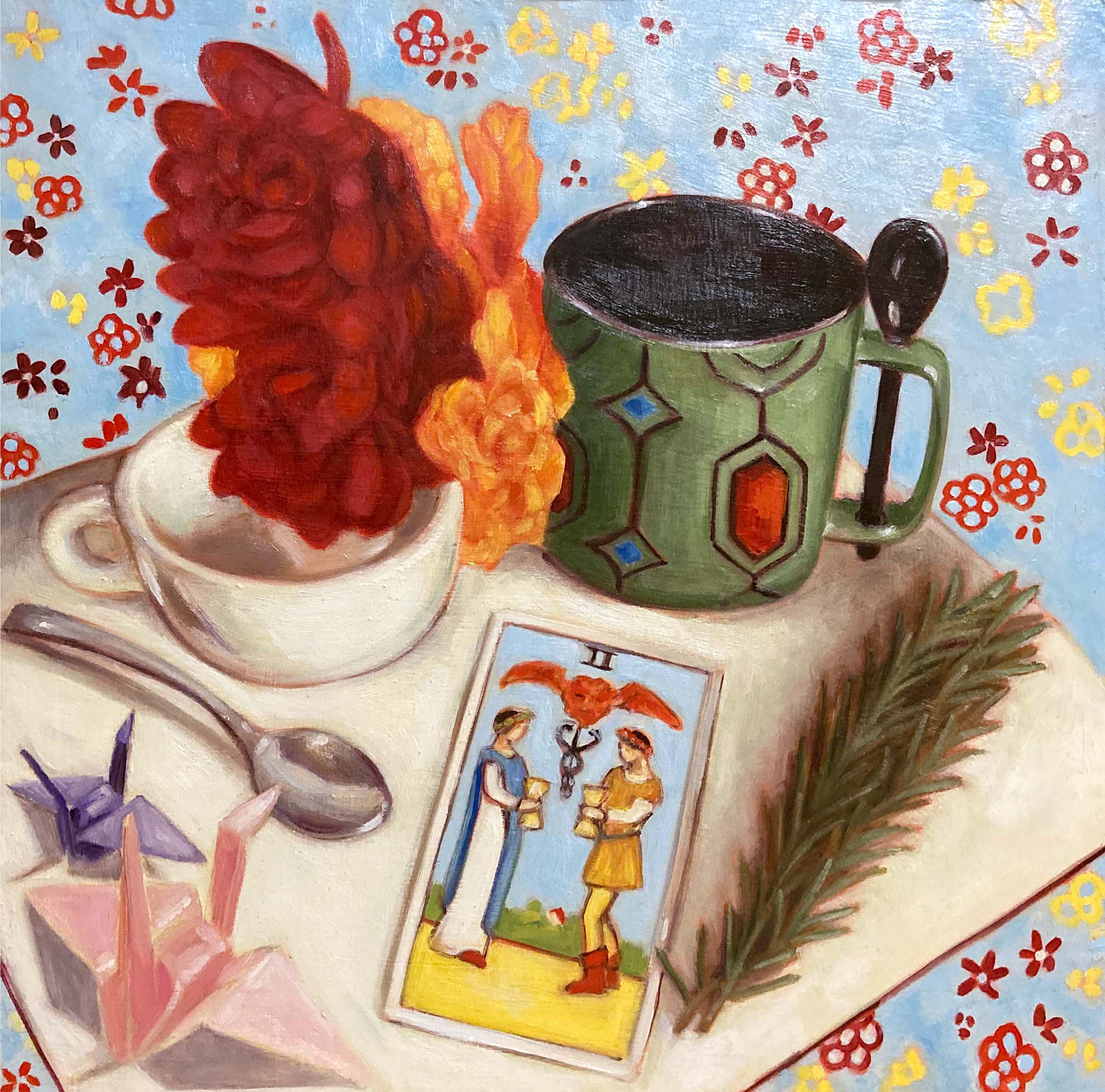Painting of two cups and the two of cups tarot card