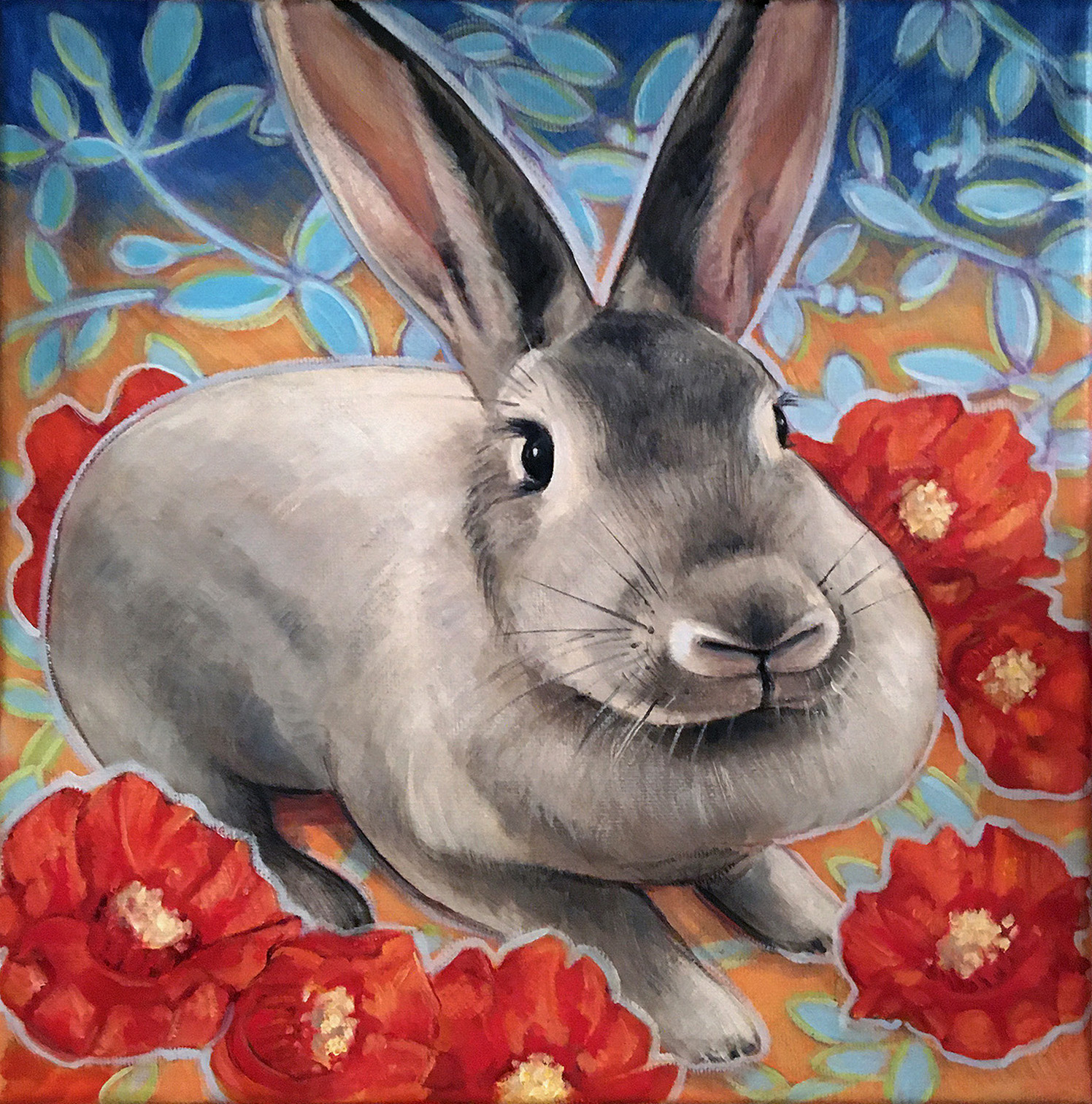 Painted portrait of a pet bunny named Zoe on a field of poppies..