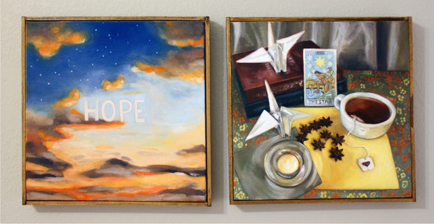 Painting of a a sunset, two white paper cranes, a cup of tea, star anise, and a burning candle.