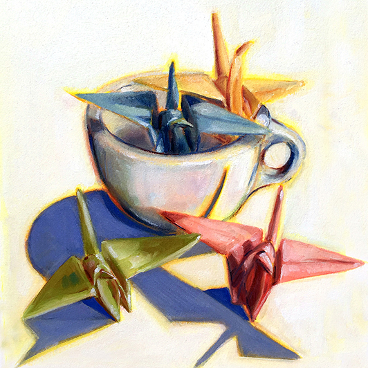 Painting of a vintage diner coffee cup and four paper cranes.