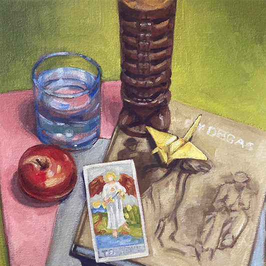 Painting of a a wooden statue of Kane, red apple, glass of water, book and the Temperance tarot card.