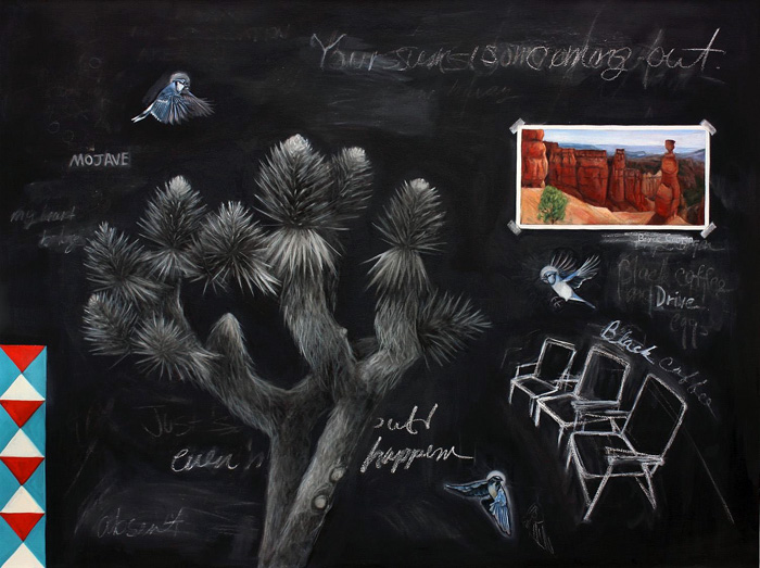 An abstract portrait of my father. Images include a Joshua tree, three blue jays, three camp chairs  and a postcard of a Brice Canyon National Park.