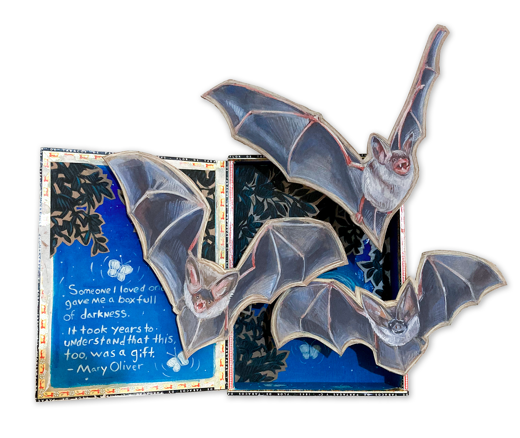 Mixed media art piece with three bats painted with gouache on paper attached to a cigar box.