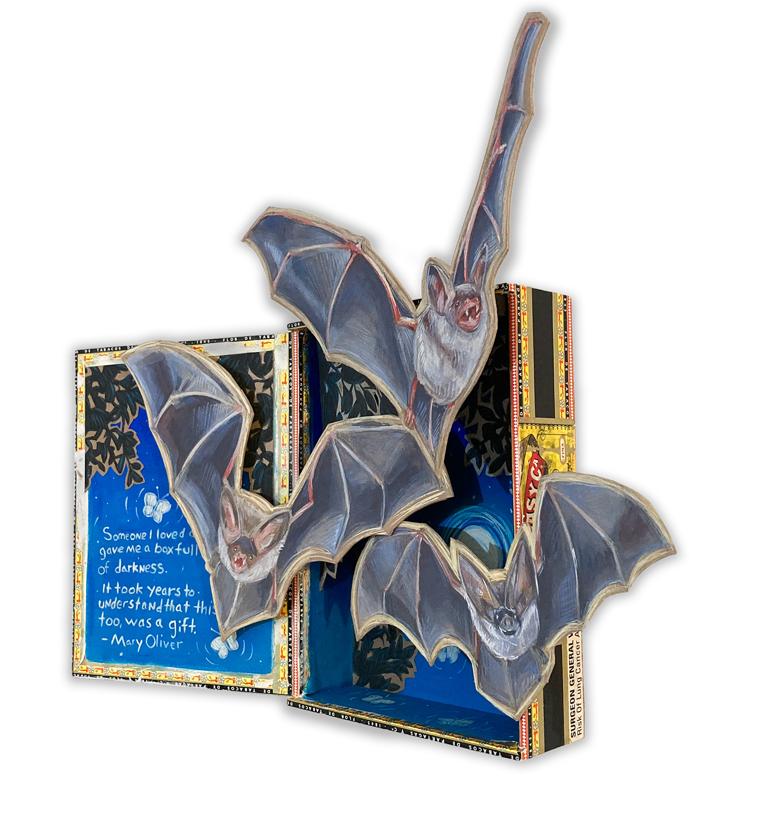 Mixed media art piece with three bats painted with gouache on paper attached to a cigar box.