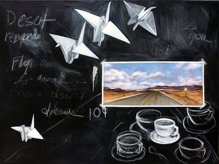 An abstract painting of paper cranes, coffee cups and a postcard of a desert highway.
