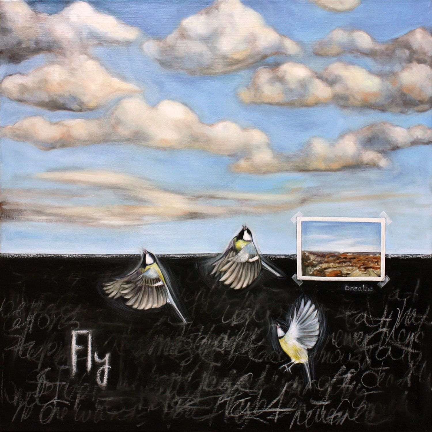 Three birds flying into the sky.