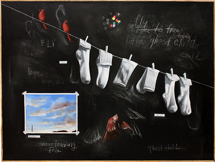 An abstract portrait of my mother. Images inclued marbles, a red cardial, white socks on a clothes line and a postcard of a desert sky.