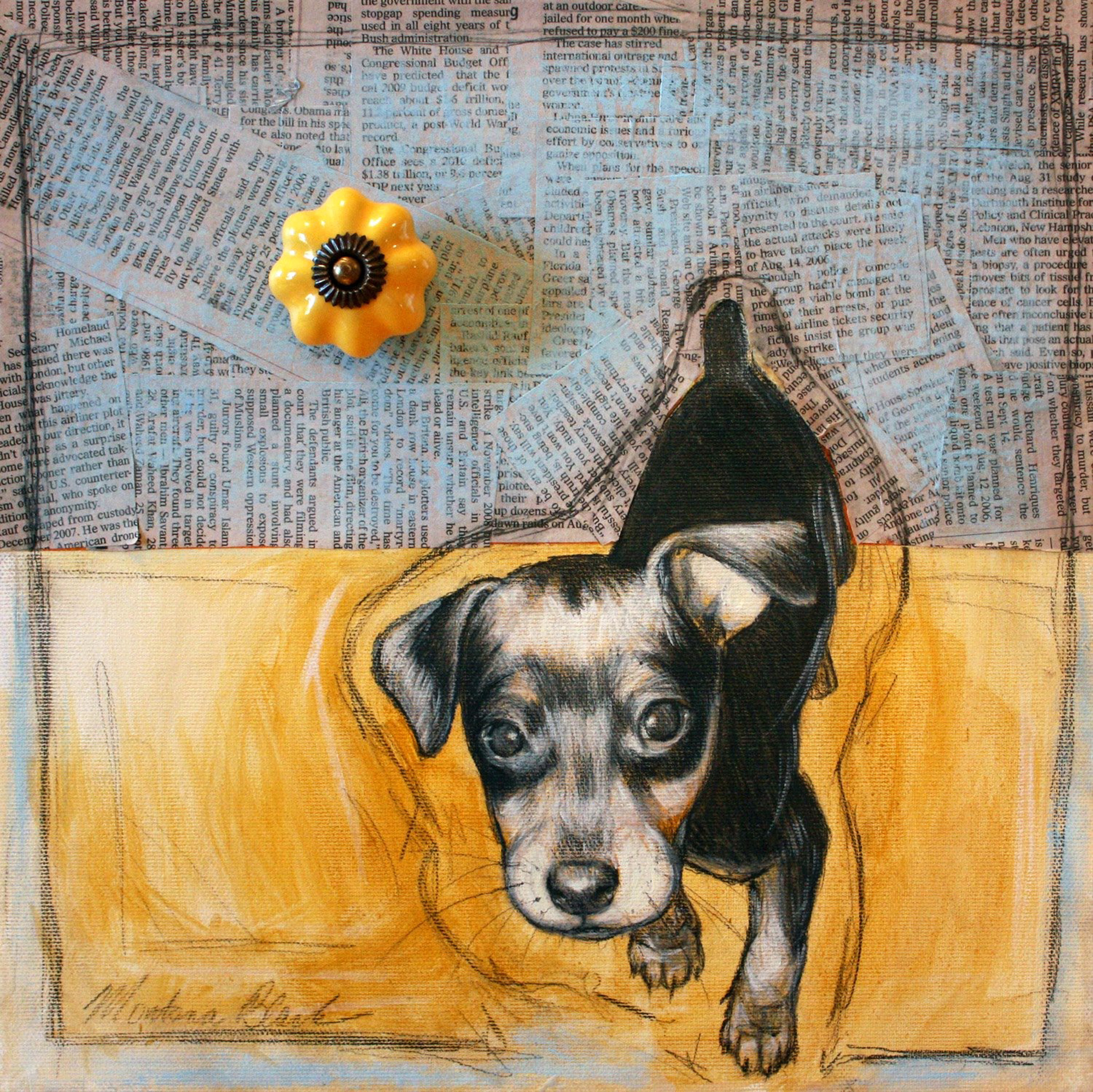 Portrait painting a min pin puppy.