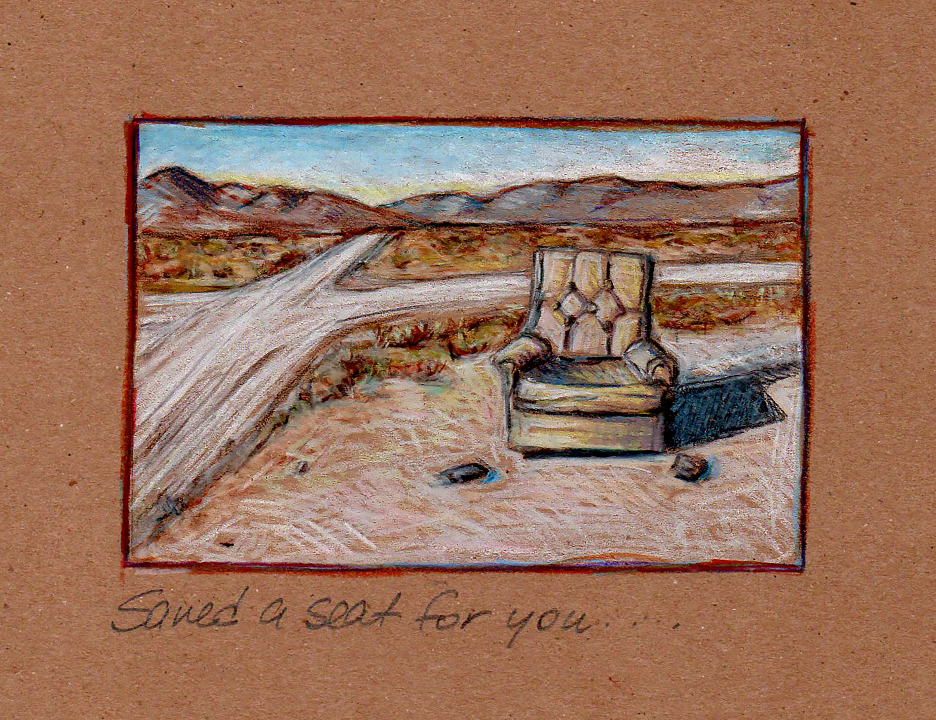 Colored pencil drawing of this is a view of a desert road somewhere in Nevada.