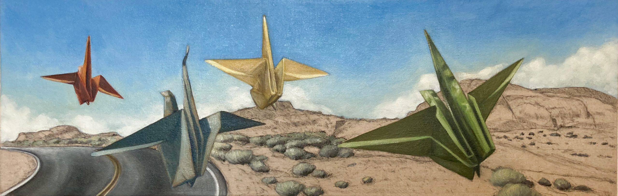 Painting of a group of brightly colored paper cranes flying of a hilly landscape.