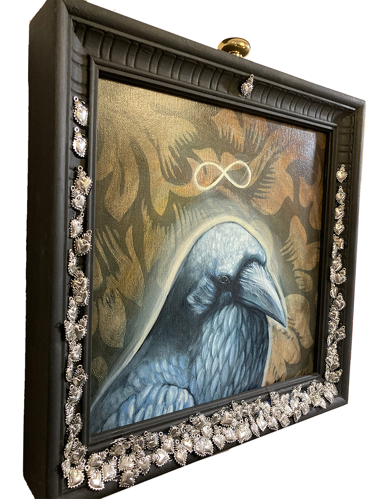 Painting portrait of a raven on a gray brown patterned background in a wood frame decorated with flaming heart charms.